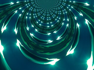 Poster - Sky with clouds, suns, sunlights and sunrays - abstract graphics in turquoise color and effect of perspective and infinity. Topics: sun energy, sunny weather, space, abstraction, pattern, wallpaper