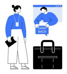 Business woman holding a binder, a cashback offer on a web page, and a briefcase. Ideal for finance, online transactions, business, professional services, and cashback promotions. Modern minimalist