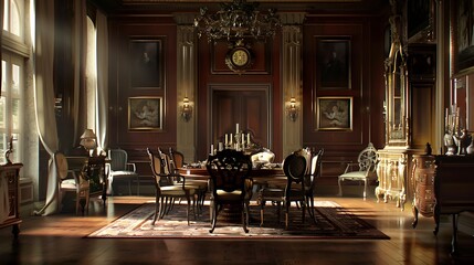 Traditional dining room with dark wood furniture