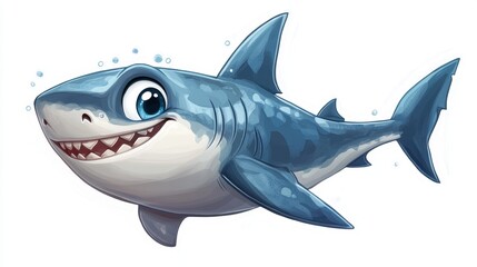 Wall Mural - Cartoon Shark Illustration Smiling Underwater Creature White Background