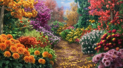 Aufkleber - The garden showcases a stunning array of autumn flowers like chrysanthemums and dahlias, inviting visitors to enjoy a colorful experience. Generative AI
