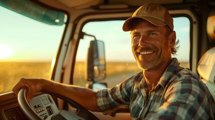 A happy truck driver sitting in the cab of his white semi-truck, smiling at the camera. The window is open and sunlight illuminates him from behind