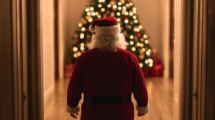 Santa entering a cozy home, red suit glowing in the warm light, Christmas tree glowing in the background, wideangle, soft focus