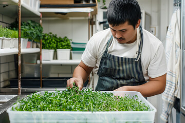 Bunches of fresh raw herbs.  Maxican man taking care fresh herbs growing at home vegetable garden, micro greens