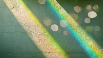 Poster - Soft Green Textured Wall Background with Dreamy Bokeh Light Flares and Subtle Sunlit Shadows. Perfect for Nature Themed Designs, Calming Product Mockups, Eco Friendly Branding, Minimalist Aesthetic