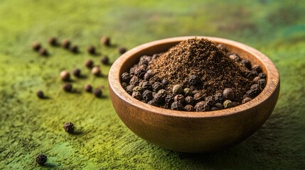 A rustic bowl filled with ground black pepper, sitting on a vibrant green surface, creating a sharp contrast between the bold spice and the fresh background.