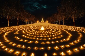 Illuminated Temple for Festival of Lights, vibrant atmosphere, hundreds of glowing lamps casting a warm golden hue, celebrating spirituality and togetherness.