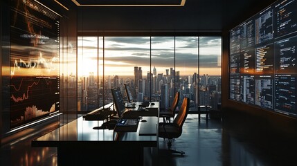 Modern Office with City View and Data Displays