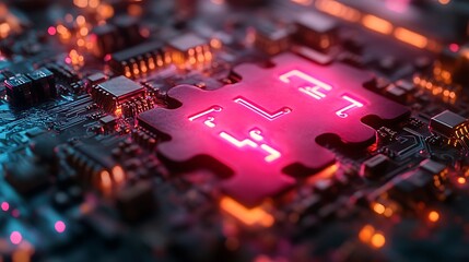 A jigsaw puzzle of a computer chip. The puzzle is made up of many pieces, and the colors are bright and vibrant. Concept of excitement and energy
