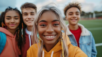 A group of multiethnic students taking a selfie at the sports field, smiling and looking into the camera, with a football court in the background