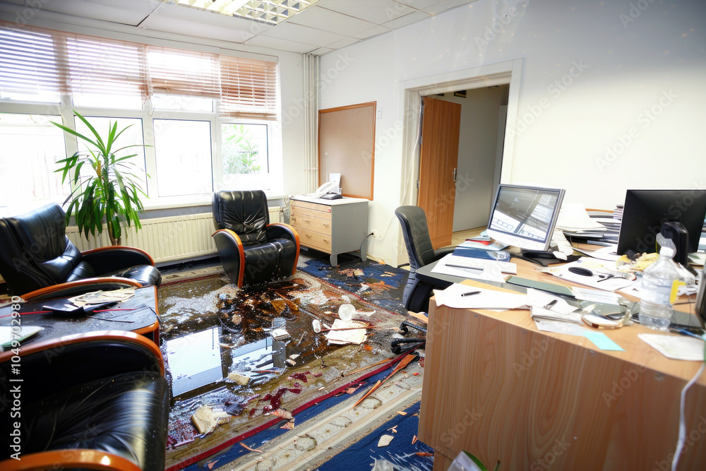 Office interior extensively damaged by water, with furniture and ...