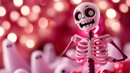 A playful cartoon skeleton with a joyful expression holds a spiral decoration against a vibrant pink backdrop with soft ghostly figures, perfect for festive Halloween projects.