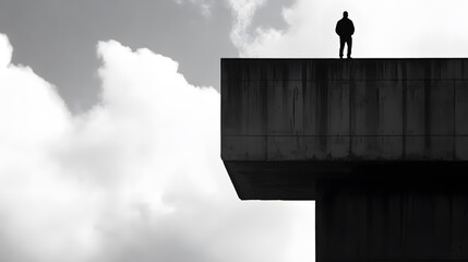 Wall Mural - A man stands on a ledge of a building, looking out over a cloudy sky