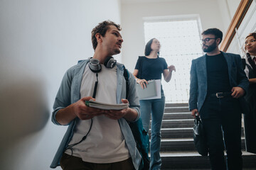 Poster - A group of students and a professor engage in conversation while ascending a staircase in a university building, creating a casual and educational atmosphere.