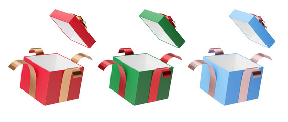 Wall Mural - Three open gift boxes in red, green, and blue with lids floating above and ribbons on a white background. Concept of Christmas and New Year. 3D Rendering