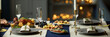 © Seventyfour - Header background shot of roasted turkey and cheese platter served with empty champagne glasses on festive dinner table with Christmas lights in blurred background