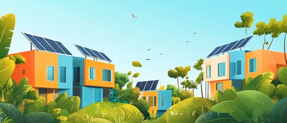 A bright illustration showcasing eco-friendly modular homes integrated into a lush landscape, featuring solar panels and a vibrant nature backdrop.