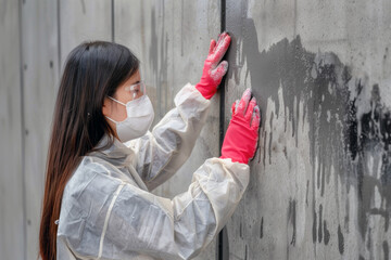 Asian female technician in protective gear scrubbing mold off a wall.