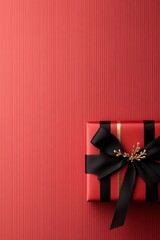 red gift box with black ribbon on red background for christmas or valentine's day