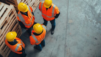 Team of workers in safety gear, coordinating tasks, organized warehouse operations