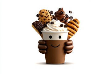 Poster - A cute illustrated coffee cup with a face and hands, holding a bag of takeaway pastries