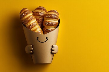 Poster - A cute illustrated coffee cup with a face and hands, holding a bag of takeaway pastries