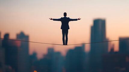 A businessman balancing on a tightrope against a bright blue sky symbolizing risk and ambition in today's corporate world