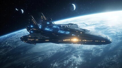 Wall Mural - Futuristic Spaceship Orbiting Earth in Space