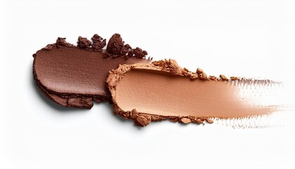 Textured and colorful beauty product presentation with two smears of crushed brown and beige makeup powder on a white background