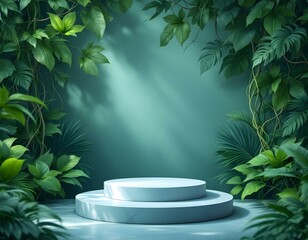 Fototapete - Podium pedestal in tropical forest garden green plant. Nature and Organic cosmetic and food presentation theme. Podium pedestal in tropical forest garden green plant.