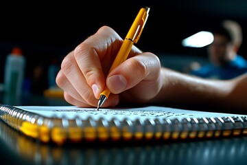 Poster - A hyper-realistic close-up of a hand taking notes in a spiral-bound notebook, with every detail of the pen, paper, and handwriting vividly captured