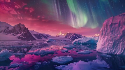 Poster - A captivating view of a remote glacier bay with massive, shimmering icebergs and a rare, deep red aurora borealis casting a celestial glow over the icy waters