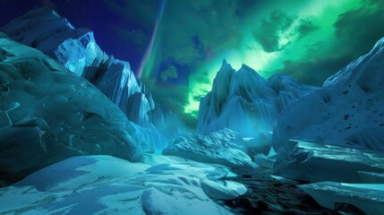 Poster - A captivating view of a remote glacier canyon with massive, jagged ice formations and a rare, deep green aurora borealis illuminating the icy landscape with an ethereal glow