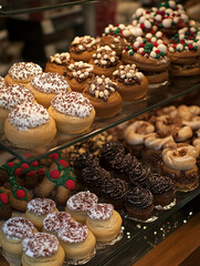 display of assorted festive pastries and donuts with colorful toppings, including chocolate and sprinkles, arranged on glass shelf. scene evokes warm, inviting atmosphere