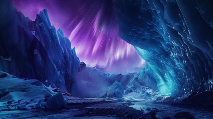 Poster - A captivating view of a remote glacier cave with ethereal blue ice walls and a rare, deep purple aurora borealis casting a mystical light over the icy interior, Glacier cave scene
