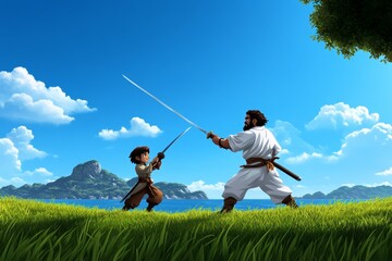 Poster - A pixel art character taking up sword fighting in a retro fantasy world, practicing moves with an animated instructor on a grassy field