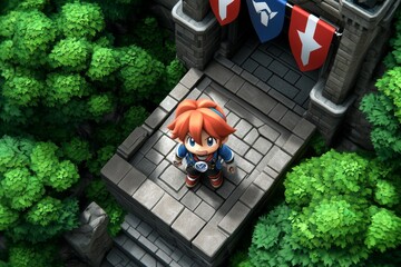 Poster - A pixel art character taking over a retro video game castle, standing at the entrance with pixelated banners waving in the wind