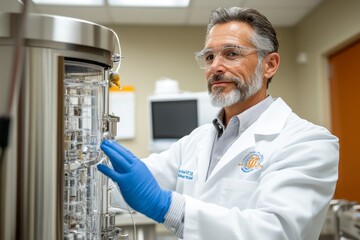 Poster - A scientific experiment taking place in a sterile laboratory, with researchers in white coats working with advanced equipment