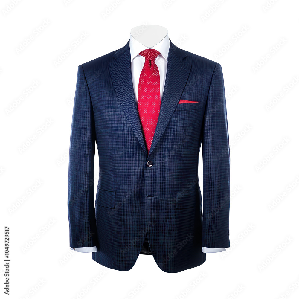 Navy blue suit with a red tie, displayed on a mannequin, white isolated ...