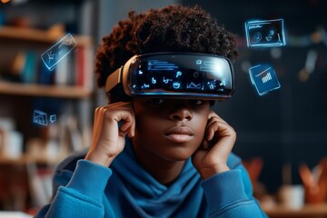 Aufkleber - A student taking notes in a virtual classroom, using a sleek digital notebook while floating holographic diagrams appear in front