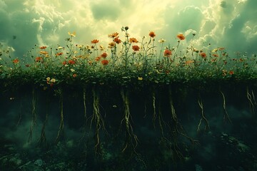 A mystical meadow of flowers with roots reaching into a dark and dreamy abyss.