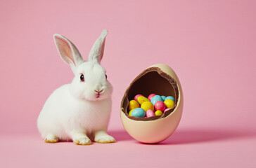 photo of a white rabbit sitting next to an open chocolate easter egg with colorful candy inside