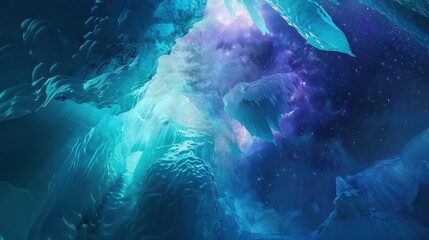 Poster - A dramatic perspective of a remote ice cave with intricate, fractal ice structures and a rare, deep blue aurora borealis creating a mesmerizing display in the cave闁炽儲鐛�interior