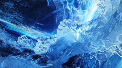 Poster - A dramatic perspective of a remote ice cave with intricate, fractal ice structures and a rare, deep blue aurora borealis creating a mesmerizing display in the cave闁炽儲鐛�interior