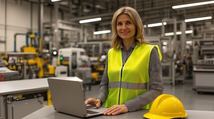 Aufkleber - female engineer working on laptop in modern factory