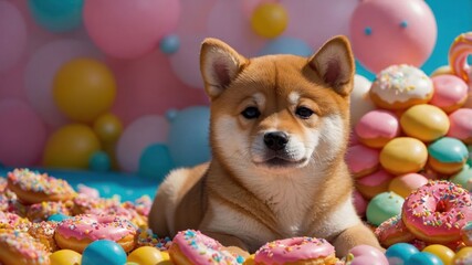 A cute Shiba Inu puppy surrounded by colorful donuts and decorations in a playful setting.