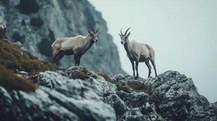 A close-up of two ibex and a capricorn on a mountain's rough slope. fauna, the Appenzell, and the Swiss highlands. Ibex adults on rocks. summertime. Wildlife protection in Europe. Nature.