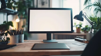 Poster - Modern workspace with computer monitor on desk surrounded by plants, showcasing a minimalist and productive office environment.