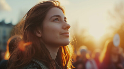 Wall Mural - A woman with long red hair is smiling at the camera