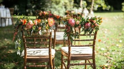 Elegant garden wedding chairs adorned with colorful floral arrangements under lush greenery, perfect for an outdoor ceremony.